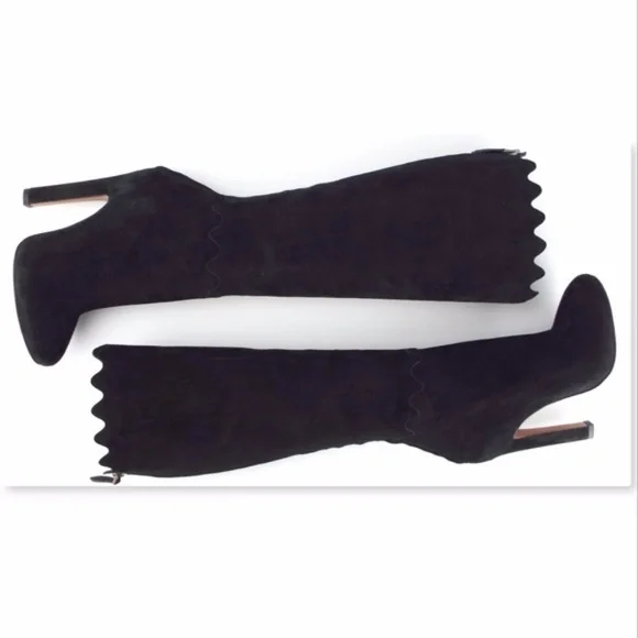Unworn ALAIA Black Suede Leather Scalloped Top Heeled Boots 36